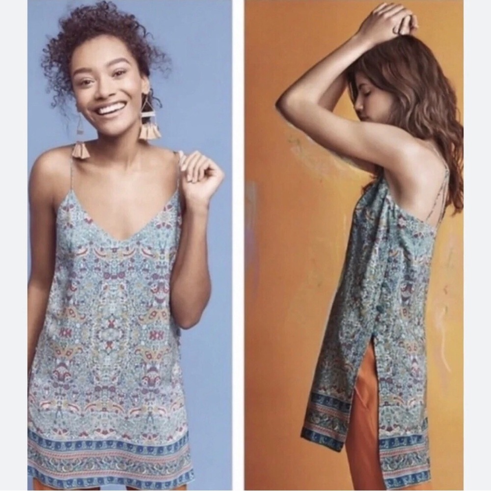 Anthropologie Maeve Silk Tunic Top Size 12 Aqua Paisley Flowy Eclectic Boho Chic